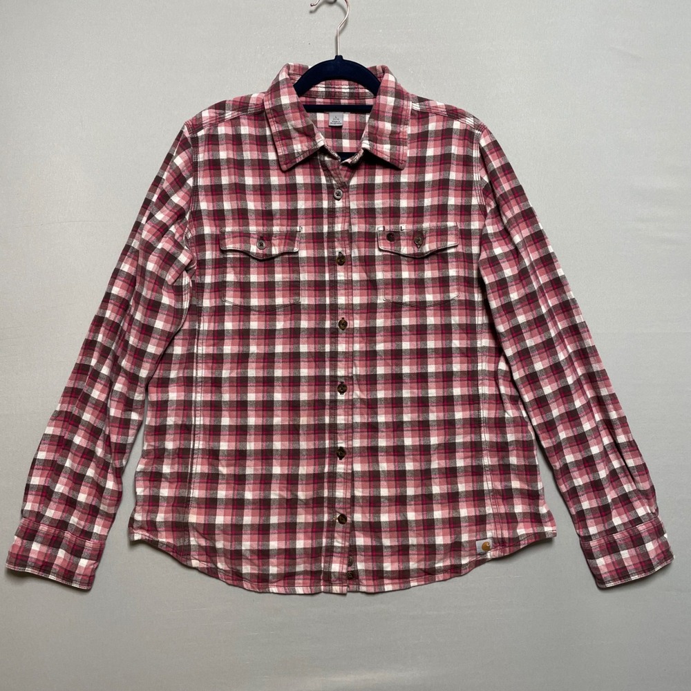 Carhartt Womens‎ Flannel Shirt Size L Pink Plaid Long Sleeve Button Up Outdoor